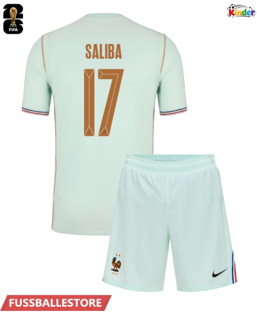 Günstige Frankreich William Saliba #17 Auswärts Trikotsatzt Kinder WM 2026 Kurzarm (+ Kurze Hosen)